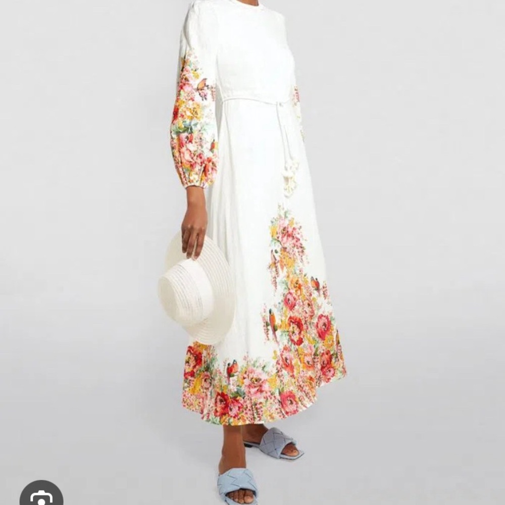 ZIMMERMANN worn ONCE Linen Floral Mae Midi Dress White/Floral